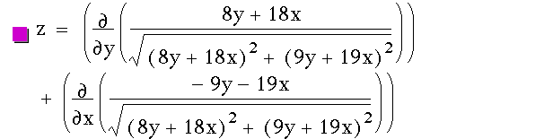 z=[function(oppartial(y),[(8*y+18*x)/sqrt([8*y+18*x]^2+[9*y+19*x]^2)])]+[function(oppartial(x),[(-(9*y)-(19*x))/sqrt([8*y+18*x]^2+[9*y+19*x]^2)])]
