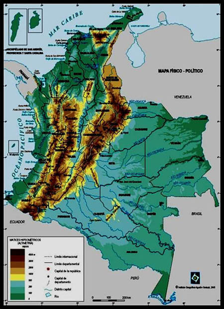 Physical map of Colombia